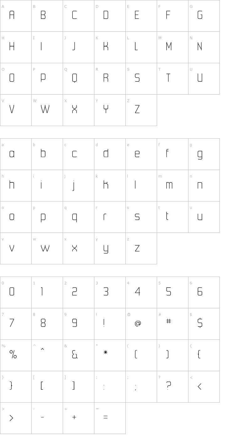 Character Map 45Degrees-UltraLight Font