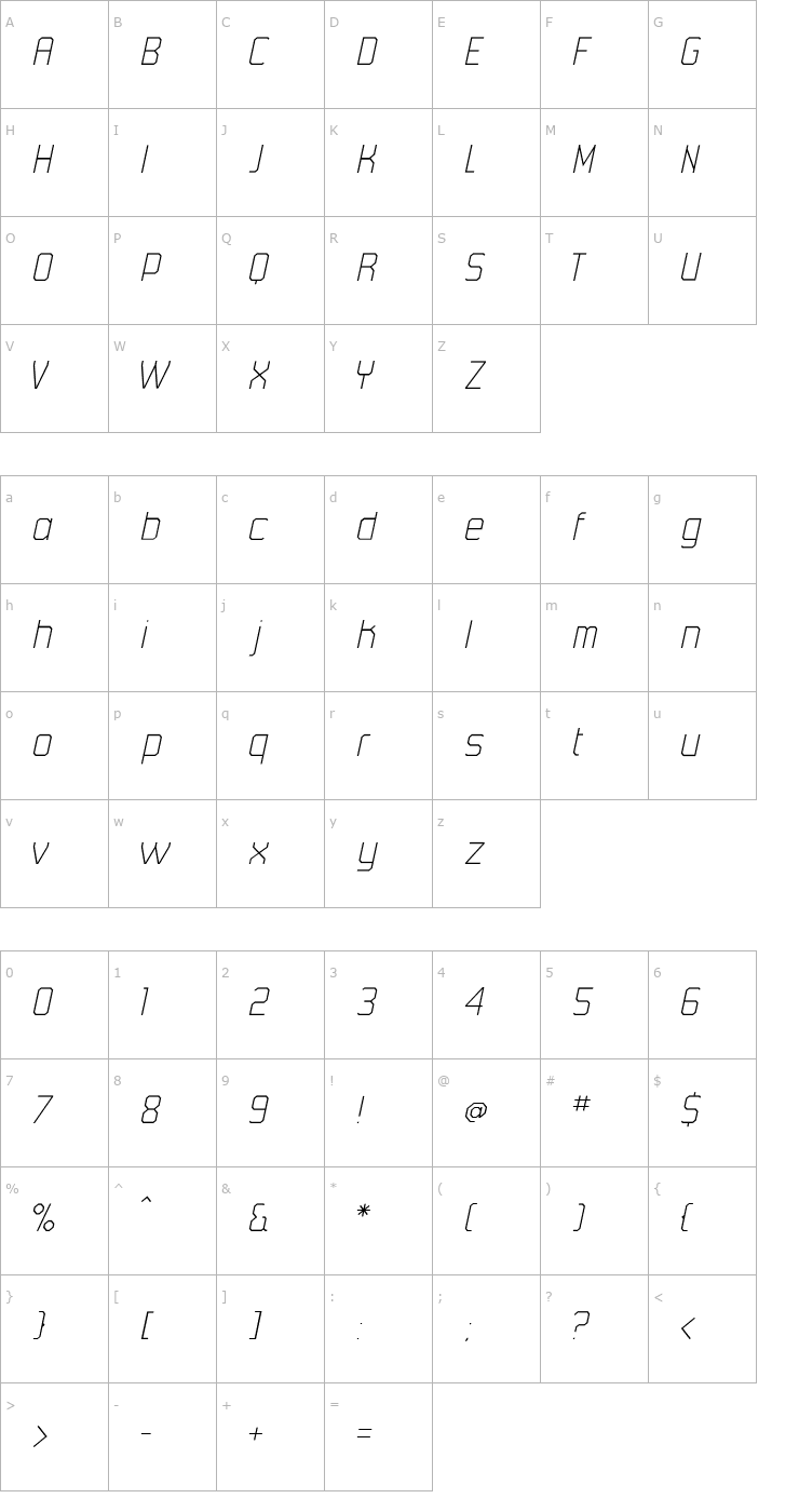 Character Map 45Degrees-UltraLightItalic Font