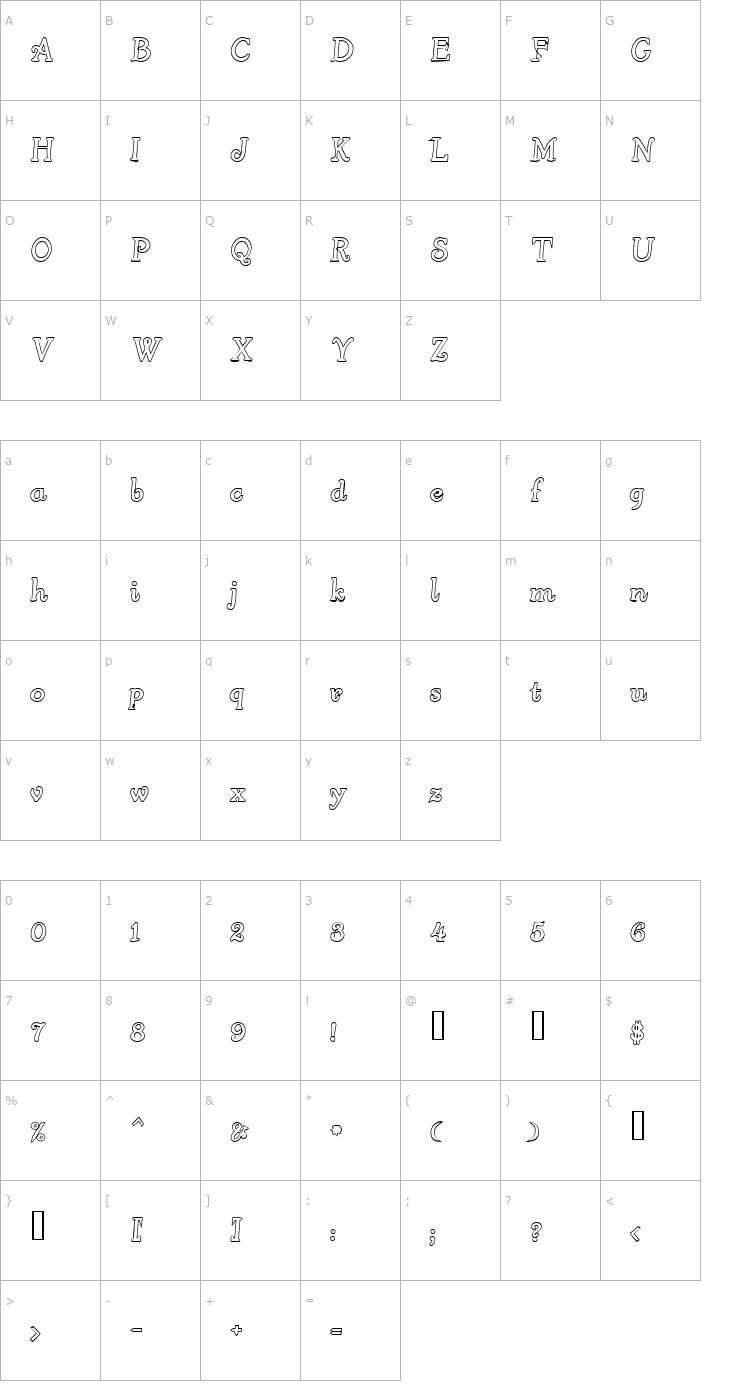 Character Map 4ArmJoltScriptHollow Font
