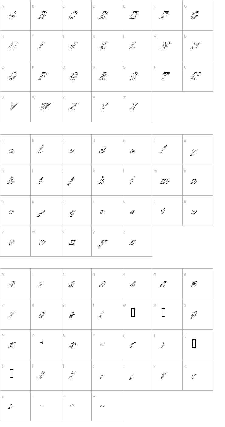 Character Map 4ArmJoltScriptHollowItalics Font