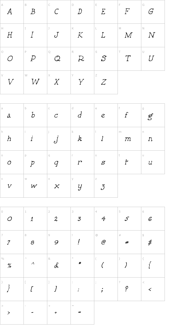Character Map 5thGrader Italic Font