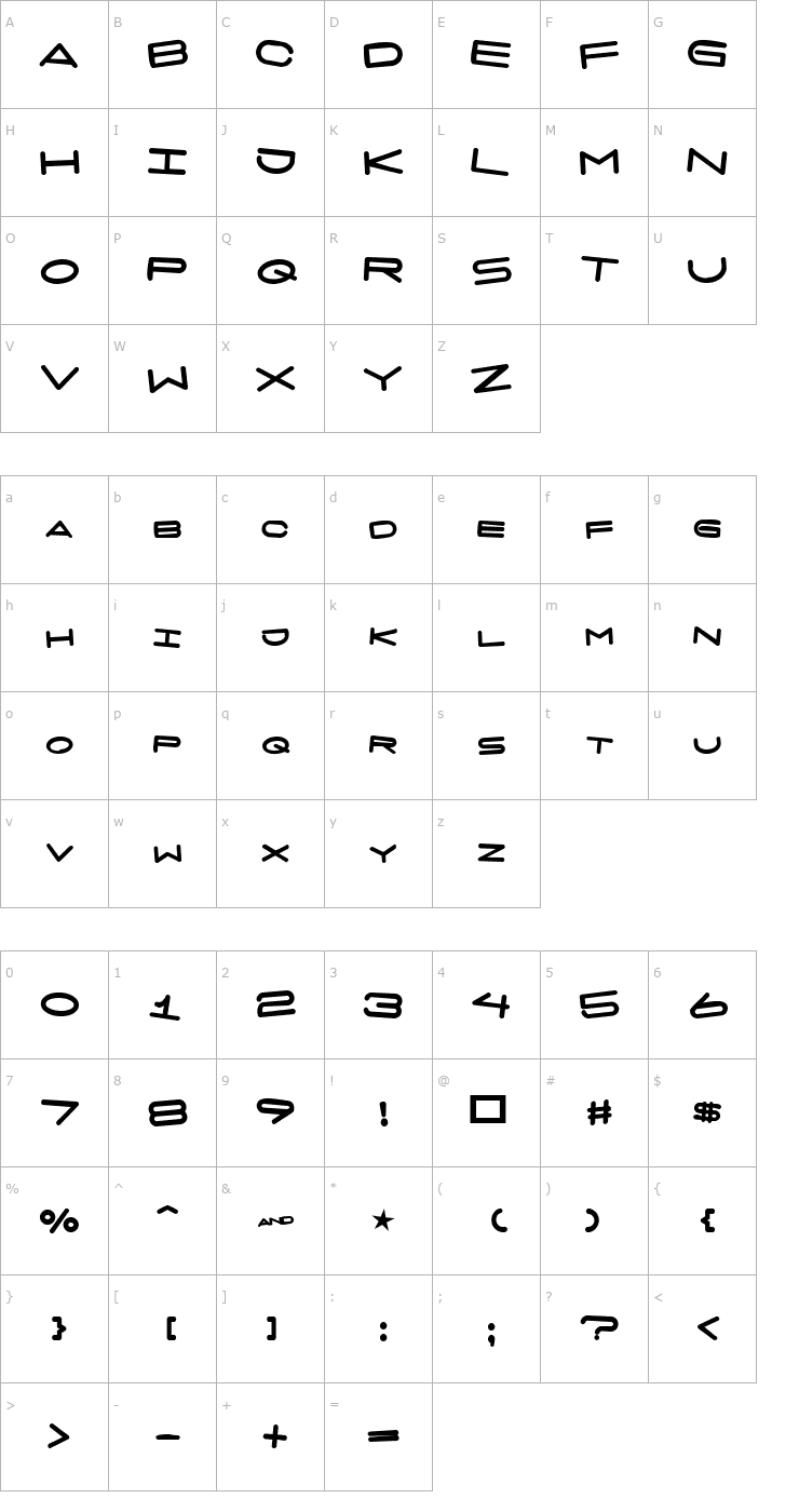 Character Map 7 days fat rotated Font