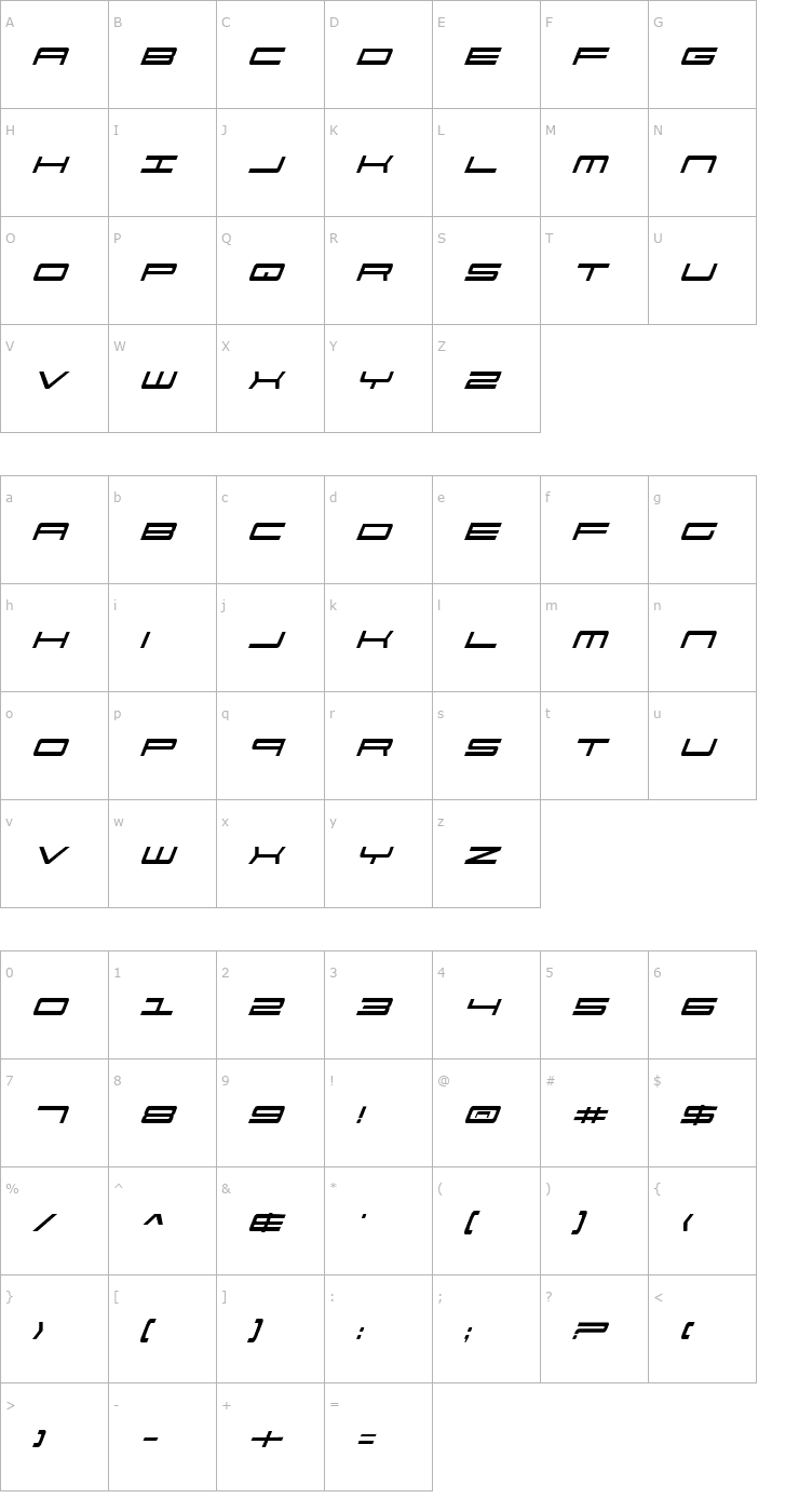 Character Map 911 Porscha Italic Font