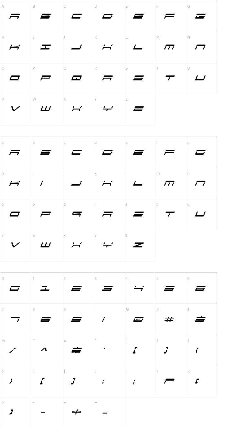 Character Map 911 Porscha Laser Italic Font