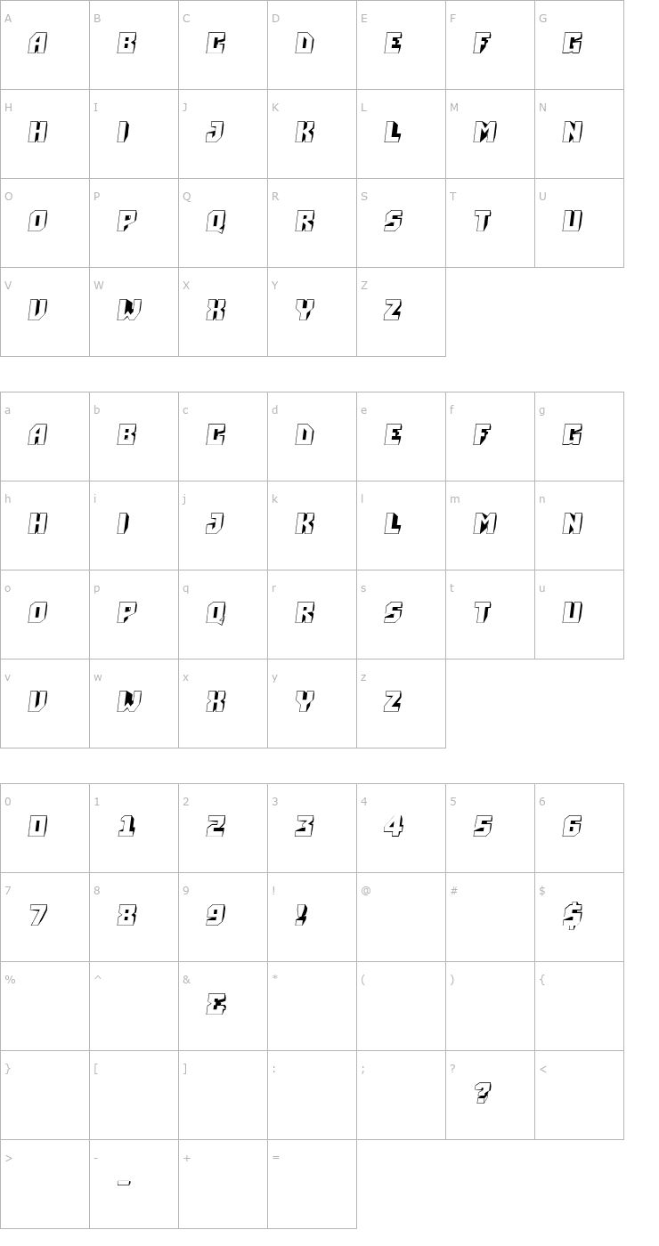 Character Map a_Simpler3DSlanted Font