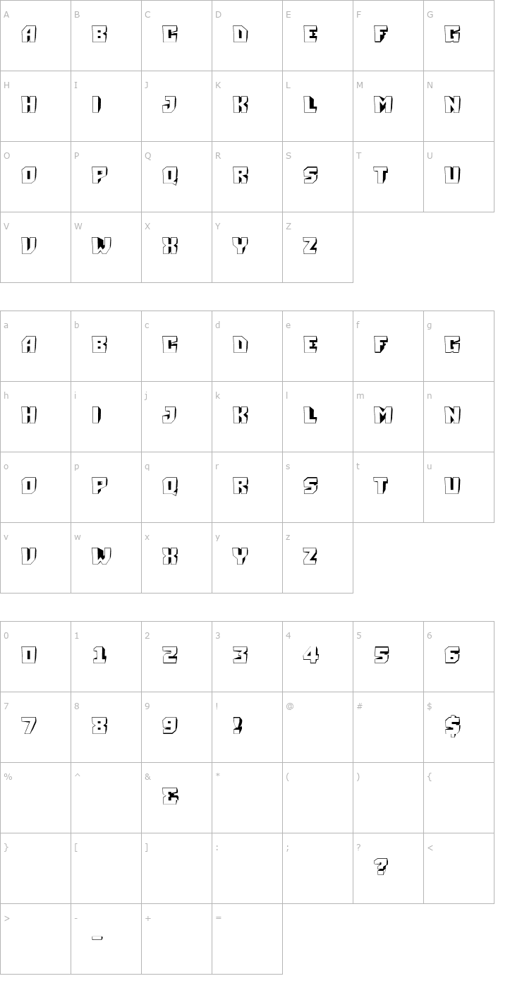 Character Map a_Simpler3DTurnUp Font