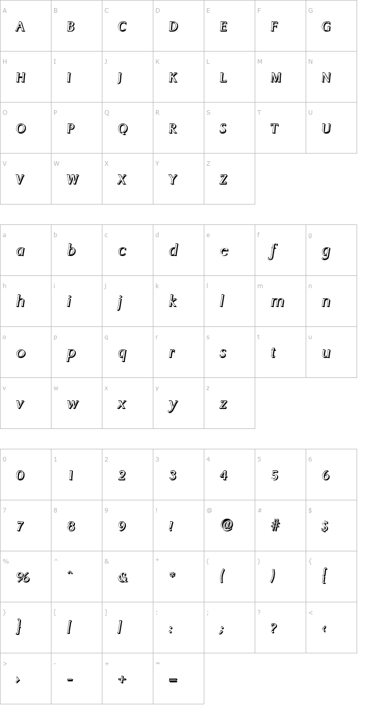 Character Map AaronBeckerShadow-Light-Italic Font