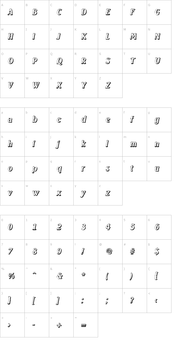 Character Map AbelBeckerShadow-BoldItalic Font