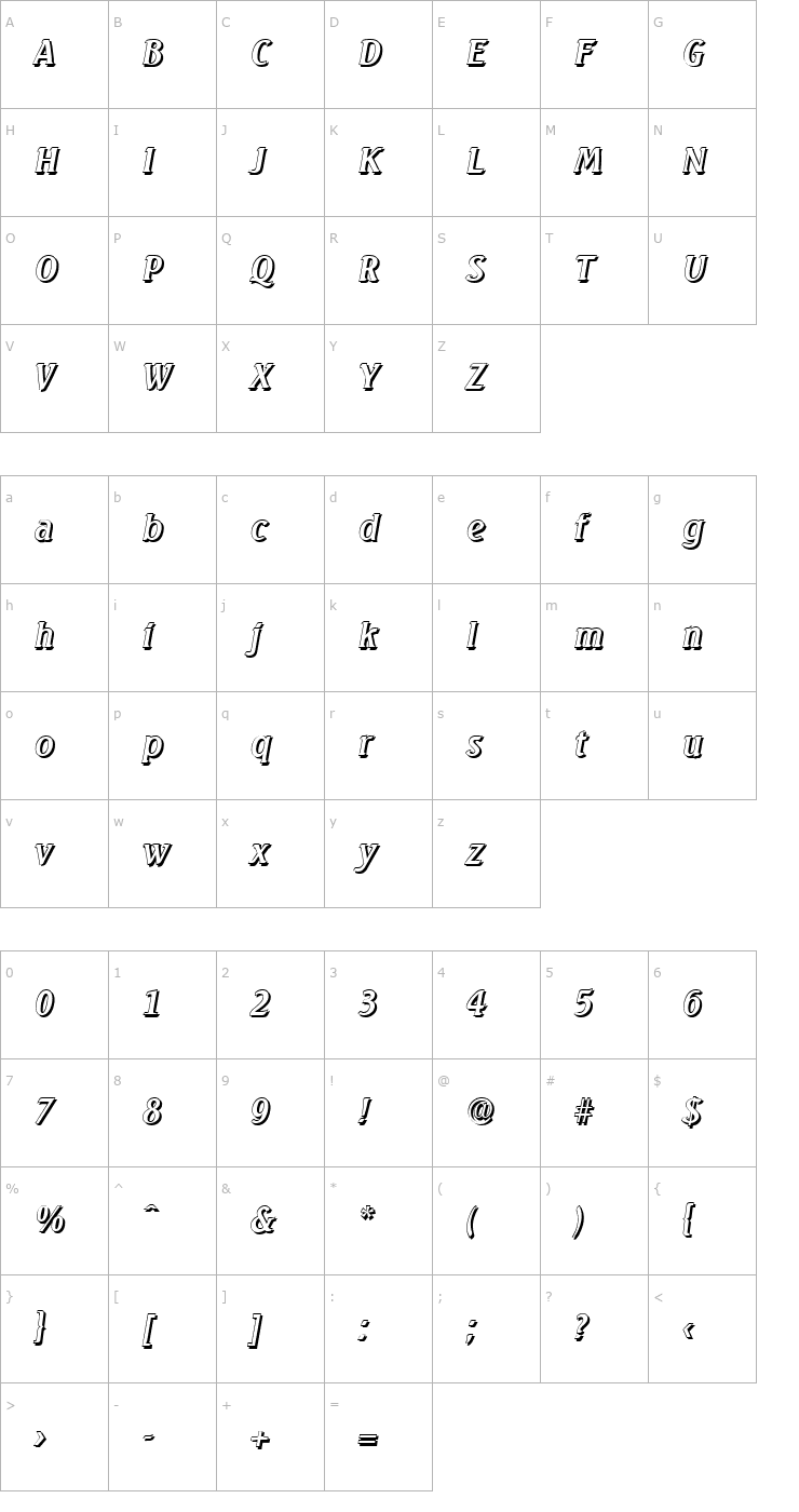 Character Map AbelBeckerShadow-Italic Font