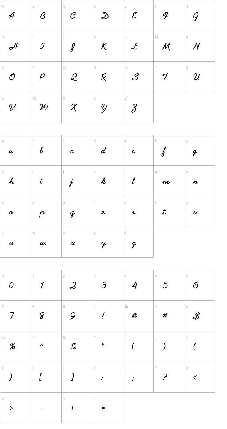 Character Map Abrazo Script SSi Bold Font