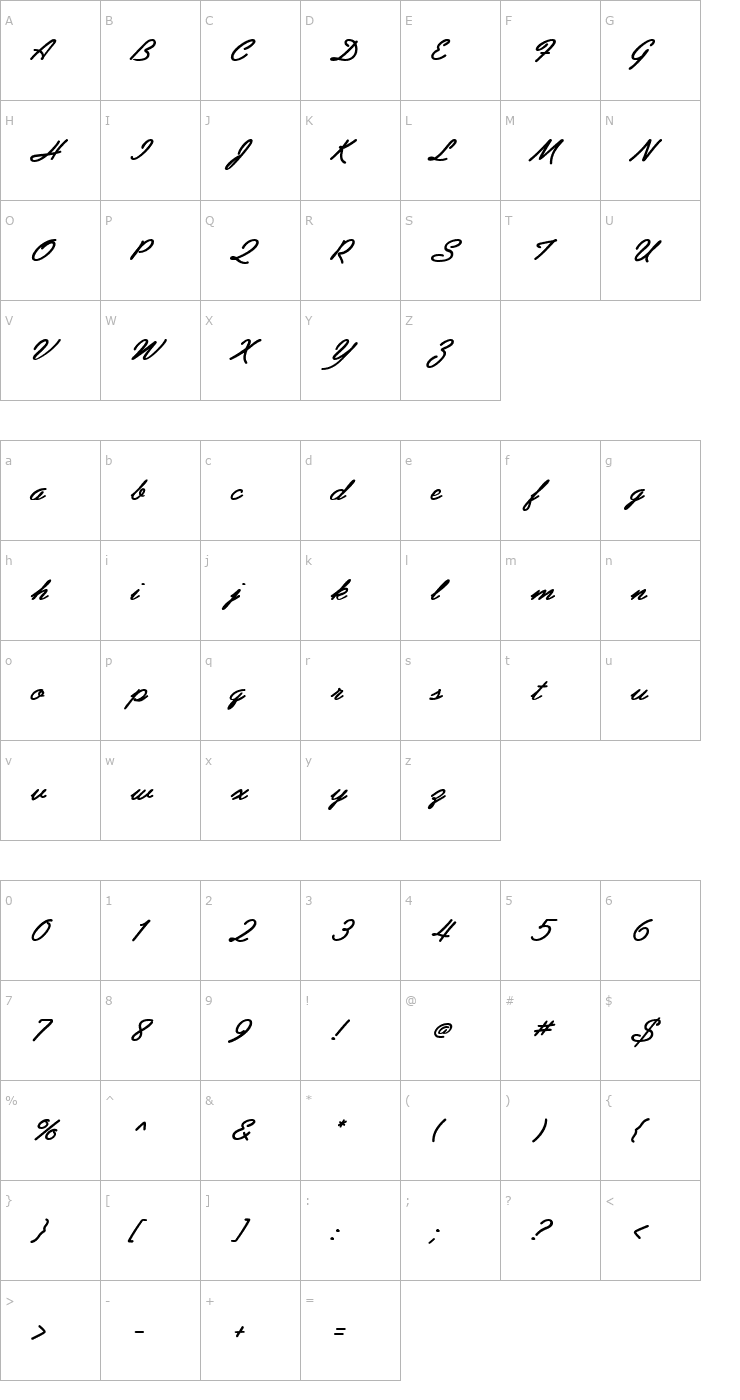 Character Map Abrazo Script SSi Bold Italic Font