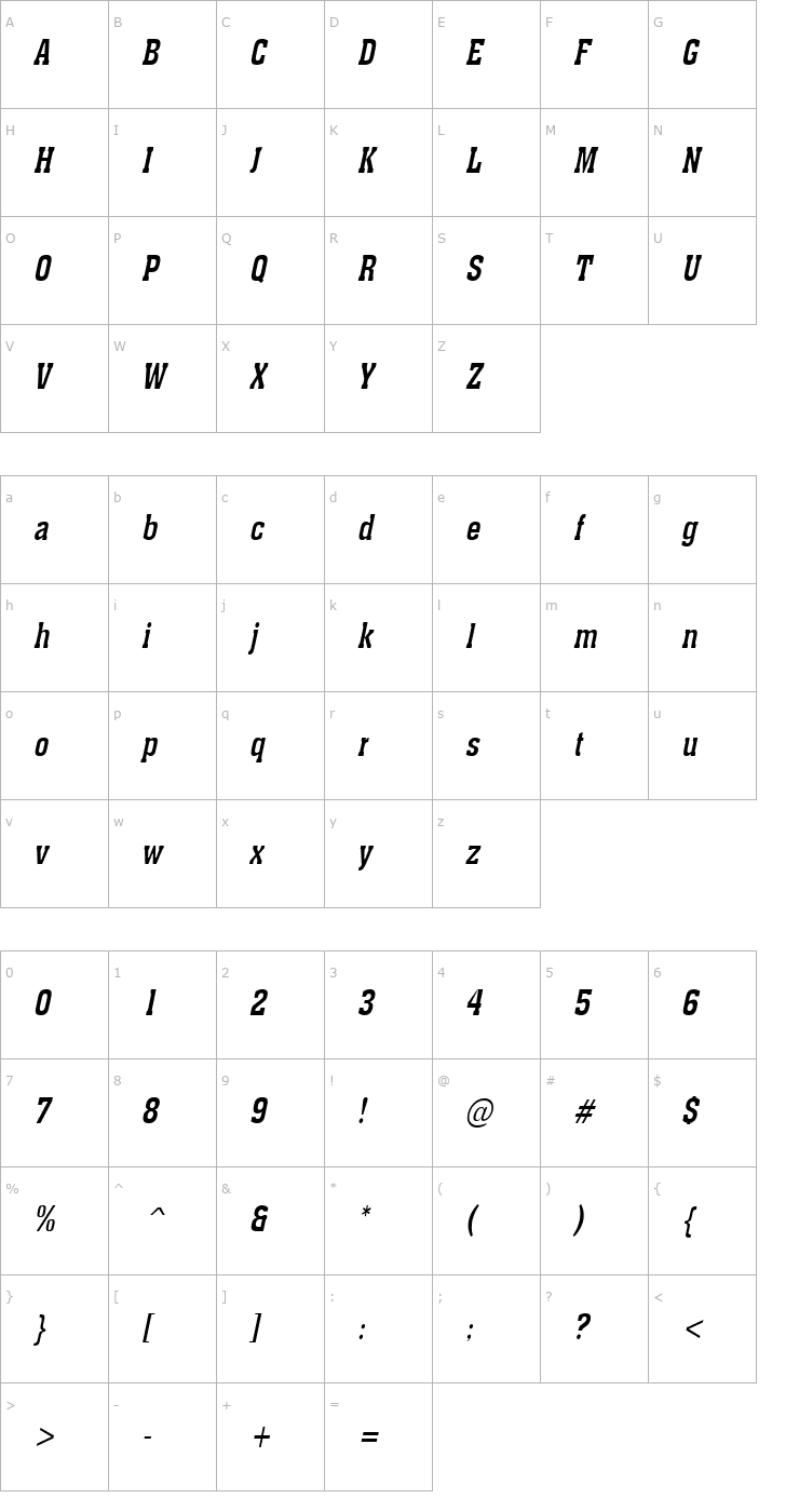 Character Map Ache Condensed Italic Font