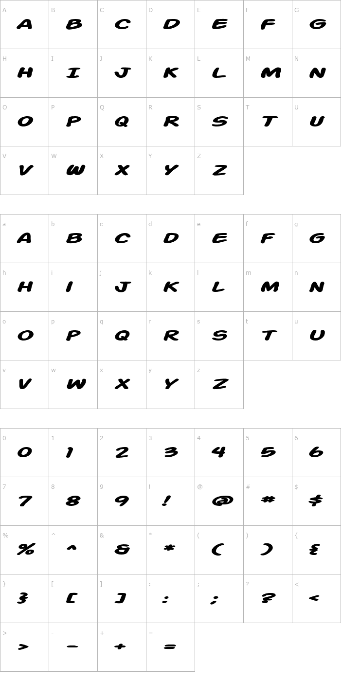 Character Map Action Man Extended Bold Italic Font