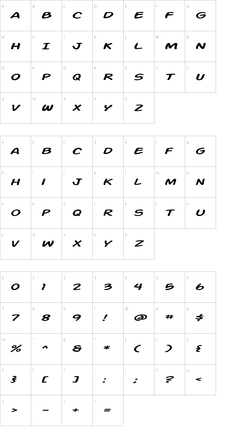 Character Map Action Man Extended Italic Font