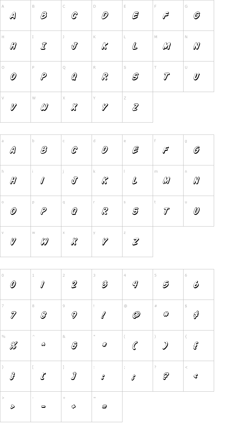 Character Map Action Man Shaded Italic Font
