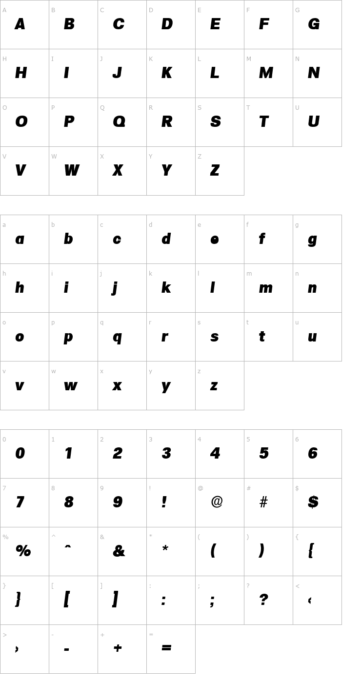 Character Map AdamBecker-Heavy Italic Font