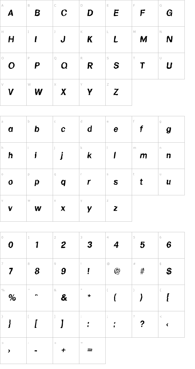 Character Map AdamBeckerRandom-BoldItalic Font