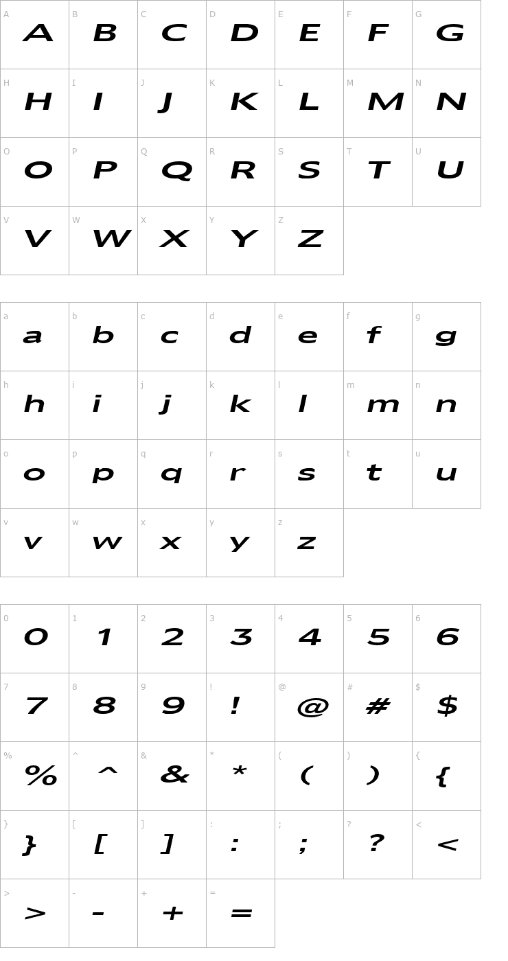 Character Map Adams Extended Italic Font
