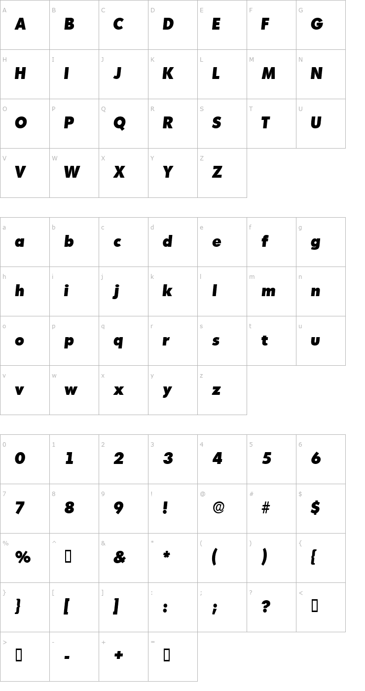 Character Map AdmisiDisplaySSK Italic Font