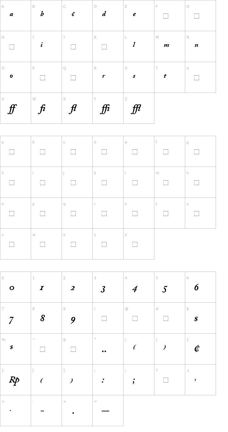 Character Map AdobeCaslonExpert-Bold Italic Font