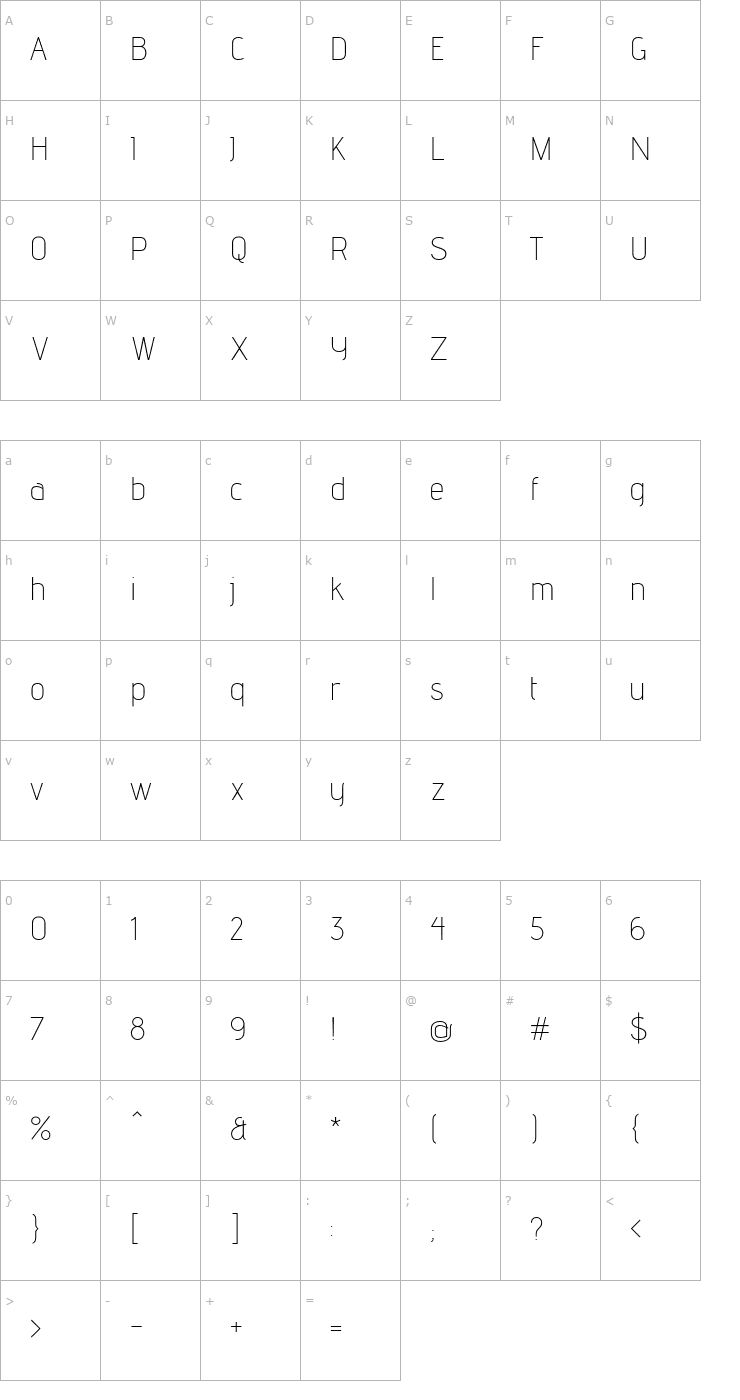 Character Map Advent Pro ExtraLight Font