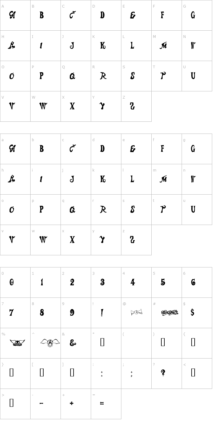 Character Map Aerosmith Font