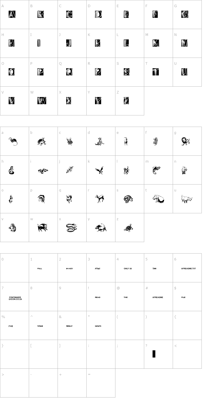 Character Map Afrika Phunny Phauna Demo Font