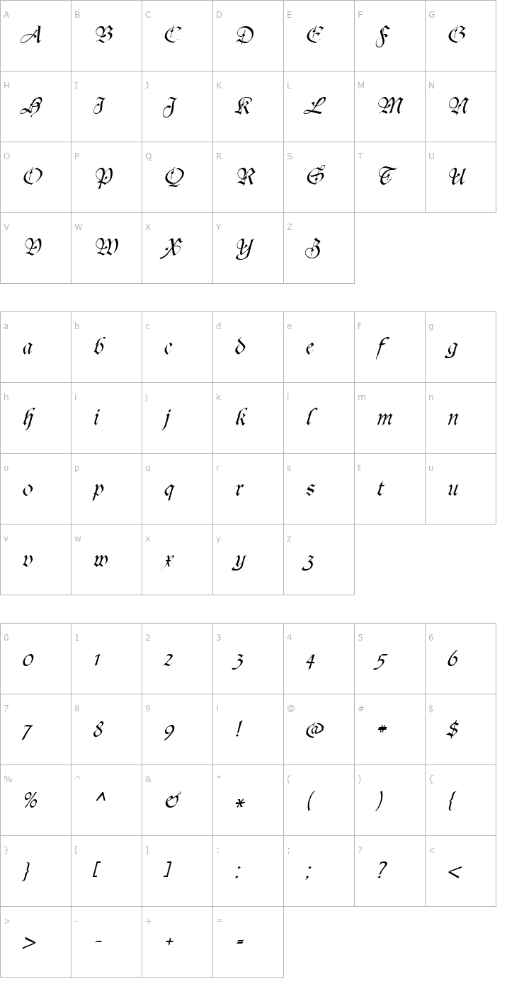Character Map Agincort Italic Font