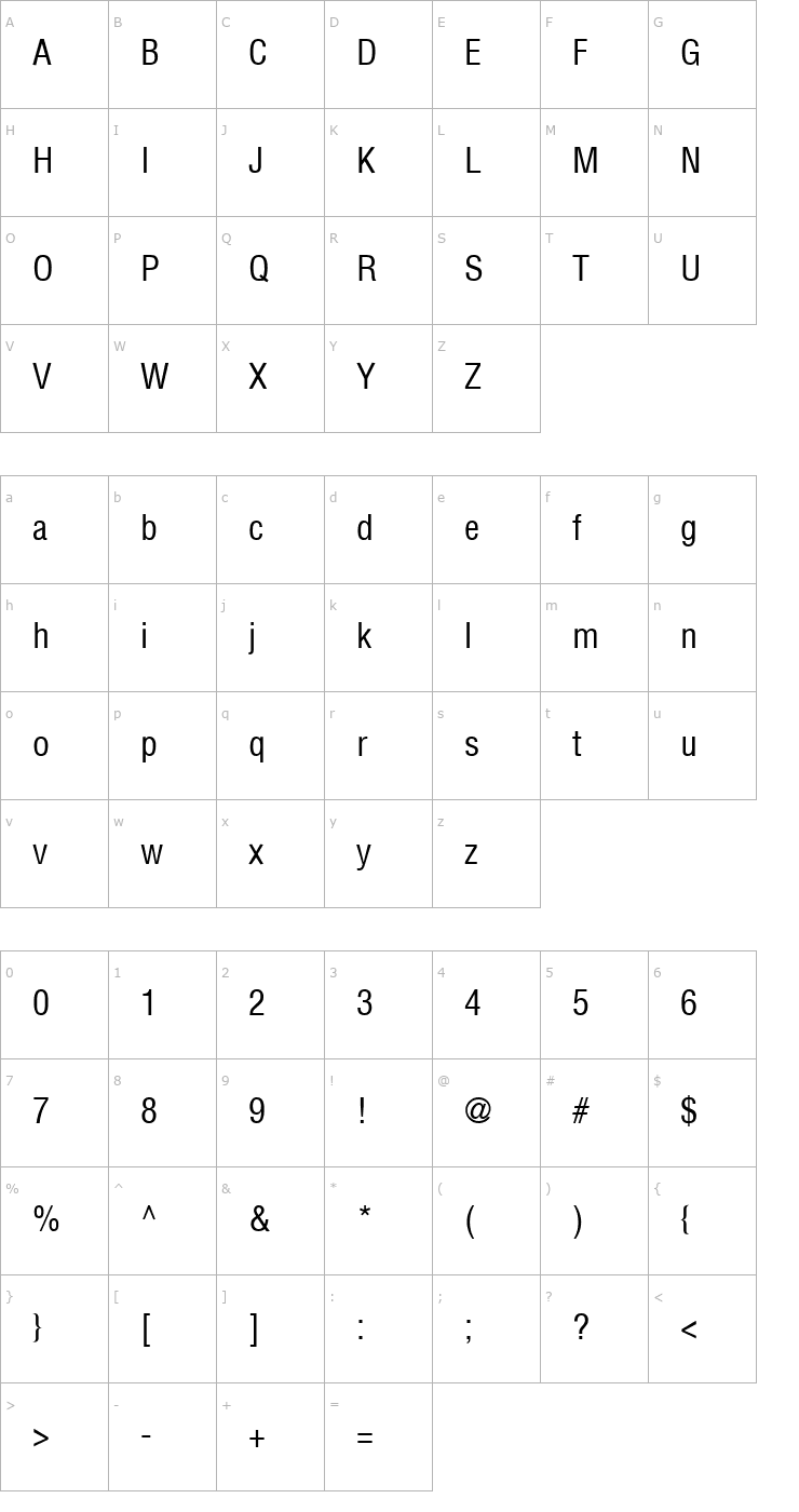Character Map AGLettericaCondensed Roman Font