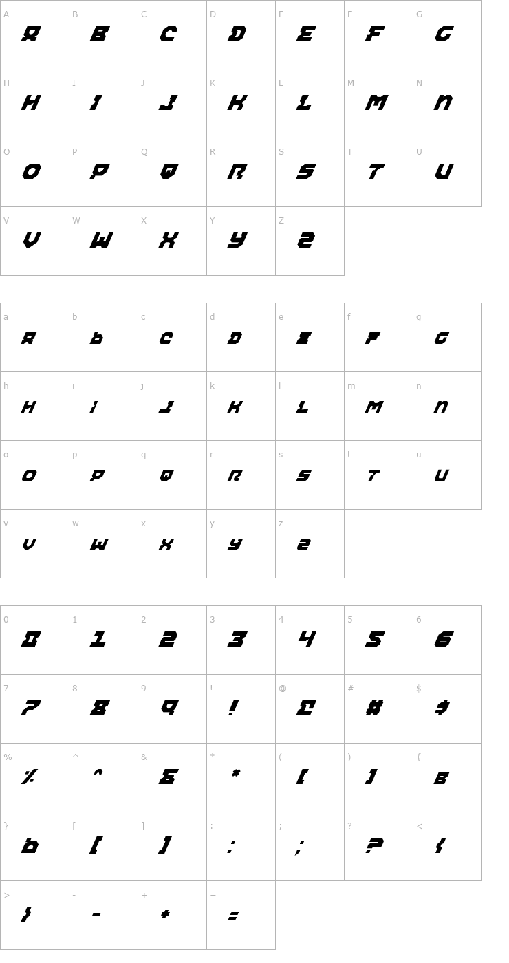 Character Map Airacobra Italic Font