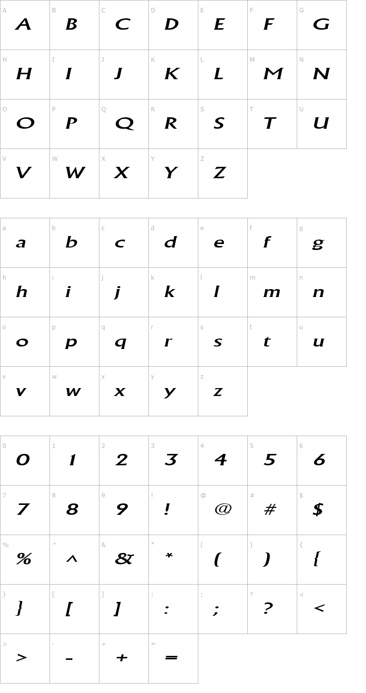 Character Map AlbertaWide Italic Font