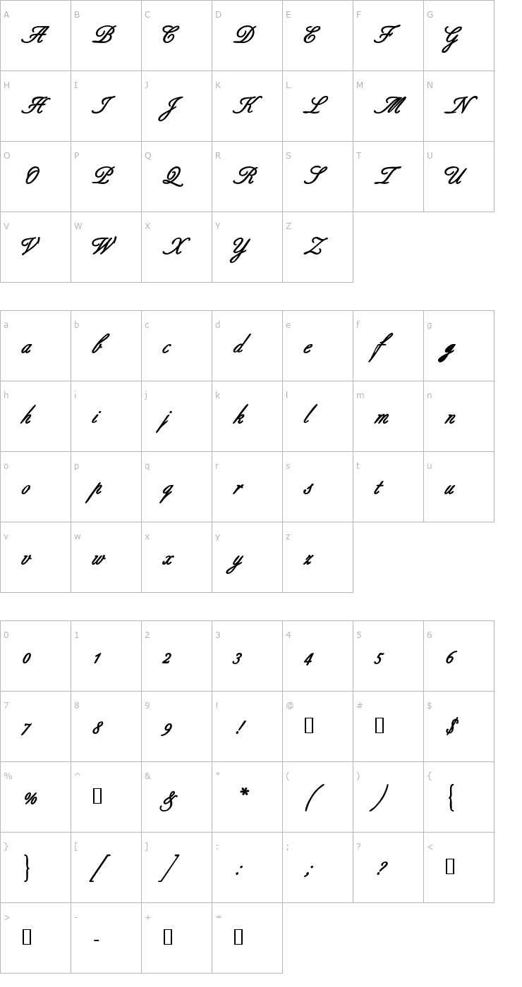 Character Map AldridgeScriptSSK Bold Font