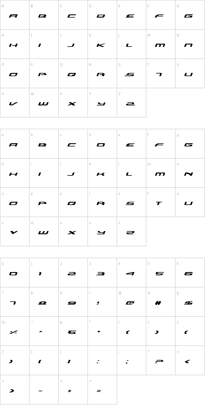 Character Map Alexis Expanded Italic Font