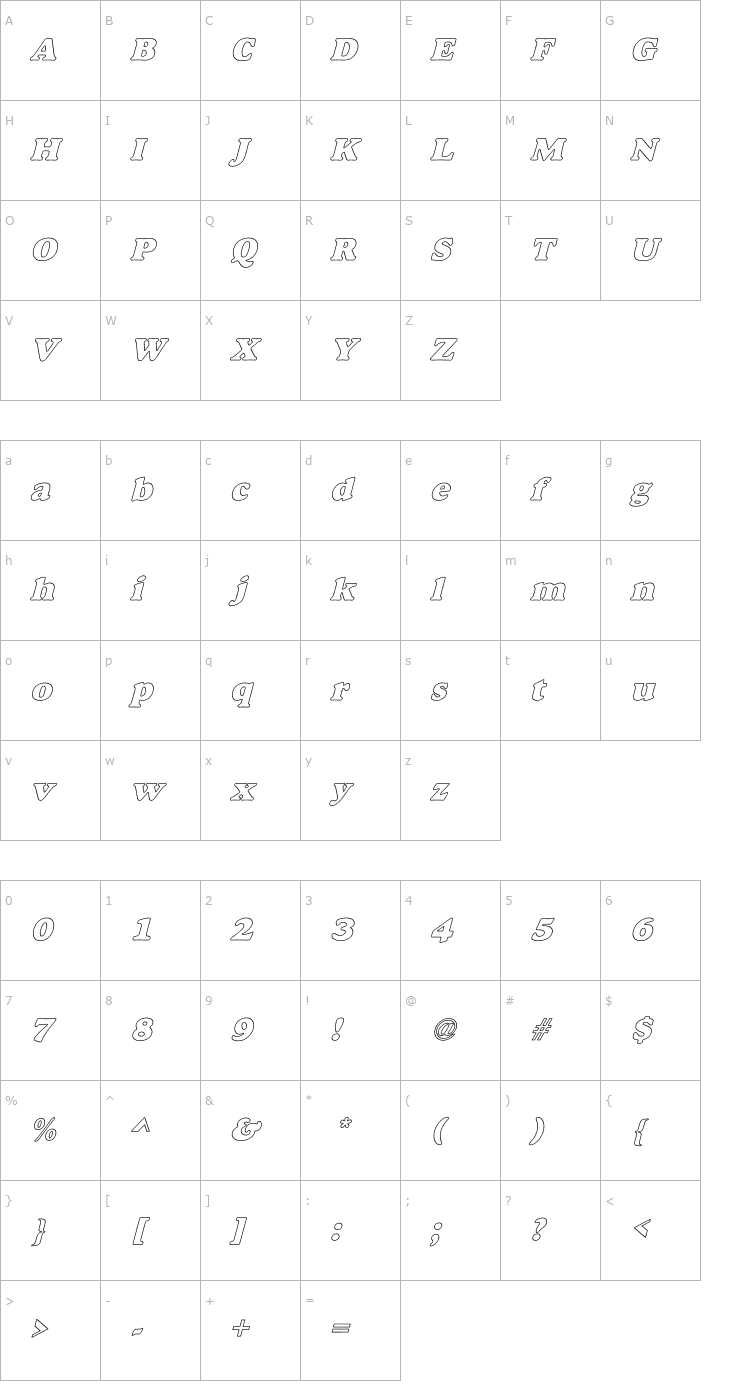Character Map Alfredo Heavy Hollow Italic Font