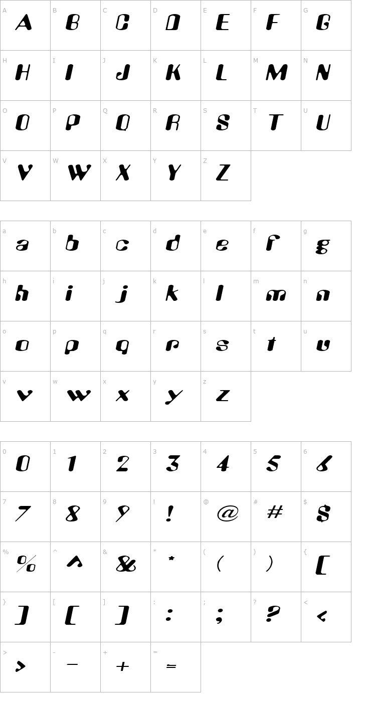 Character Map AlienEyeExtended Oblique Font