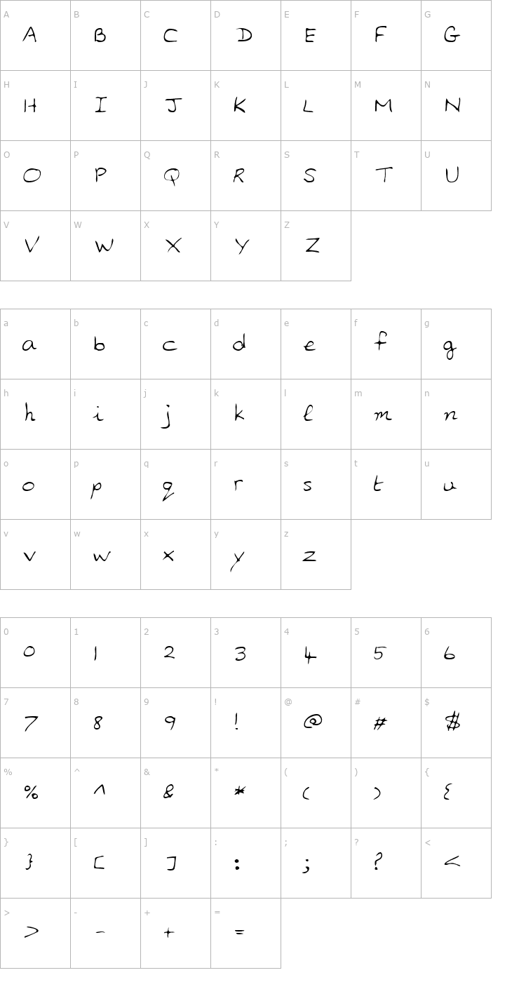 Character Map AlinasHand Italic Font
