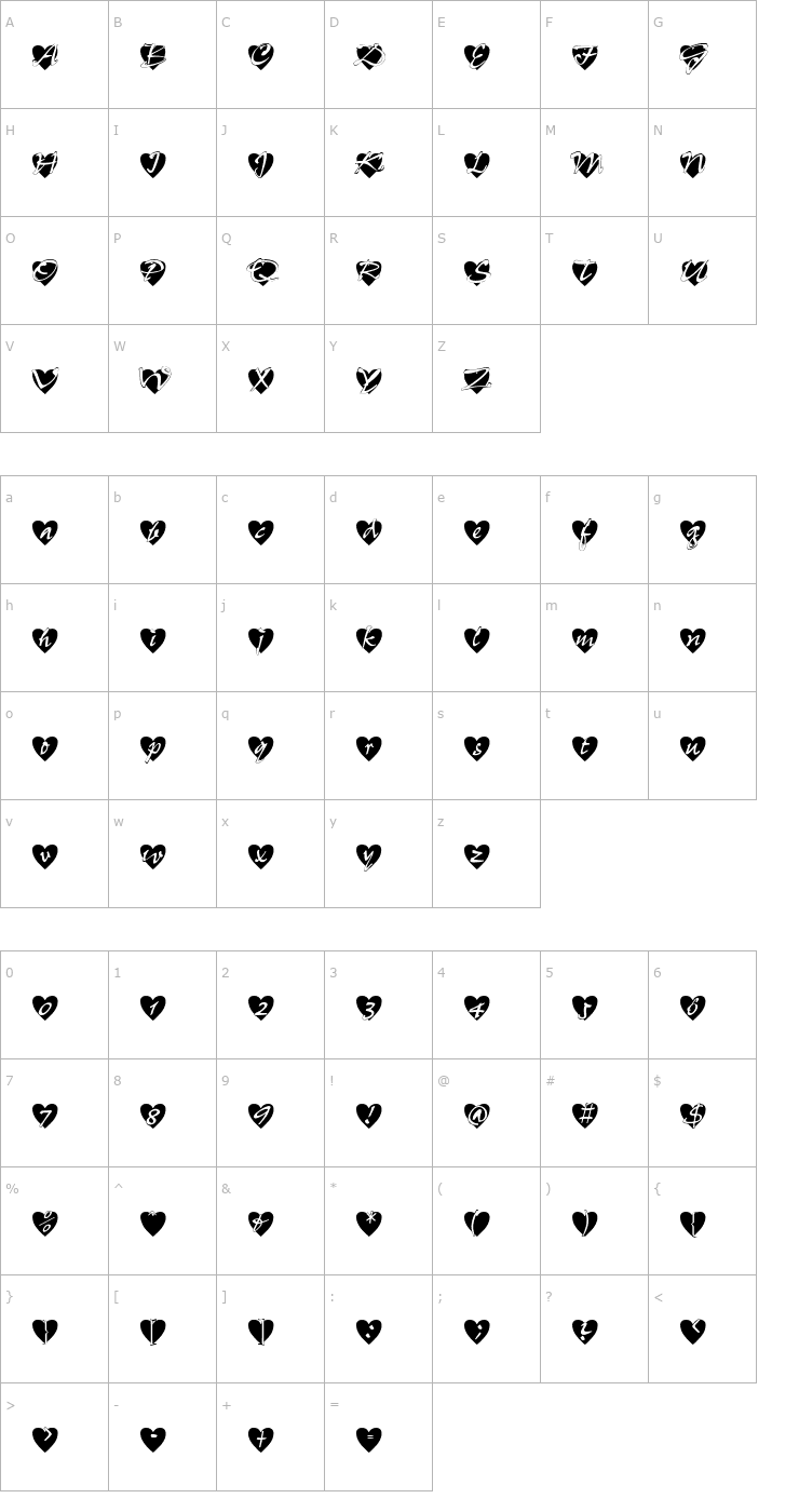 Character Map All Hearts Font