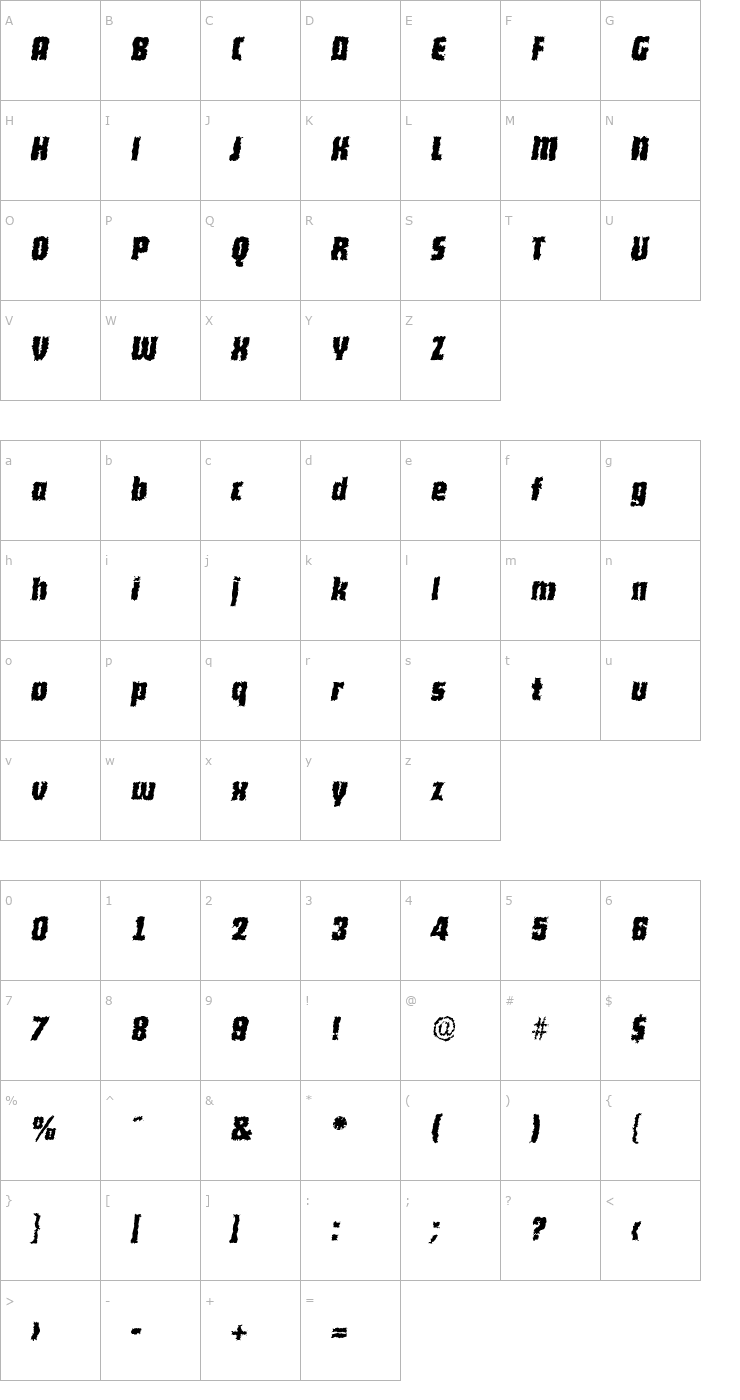 Character Map AllisonBeckerRandom-BoldItalic Font