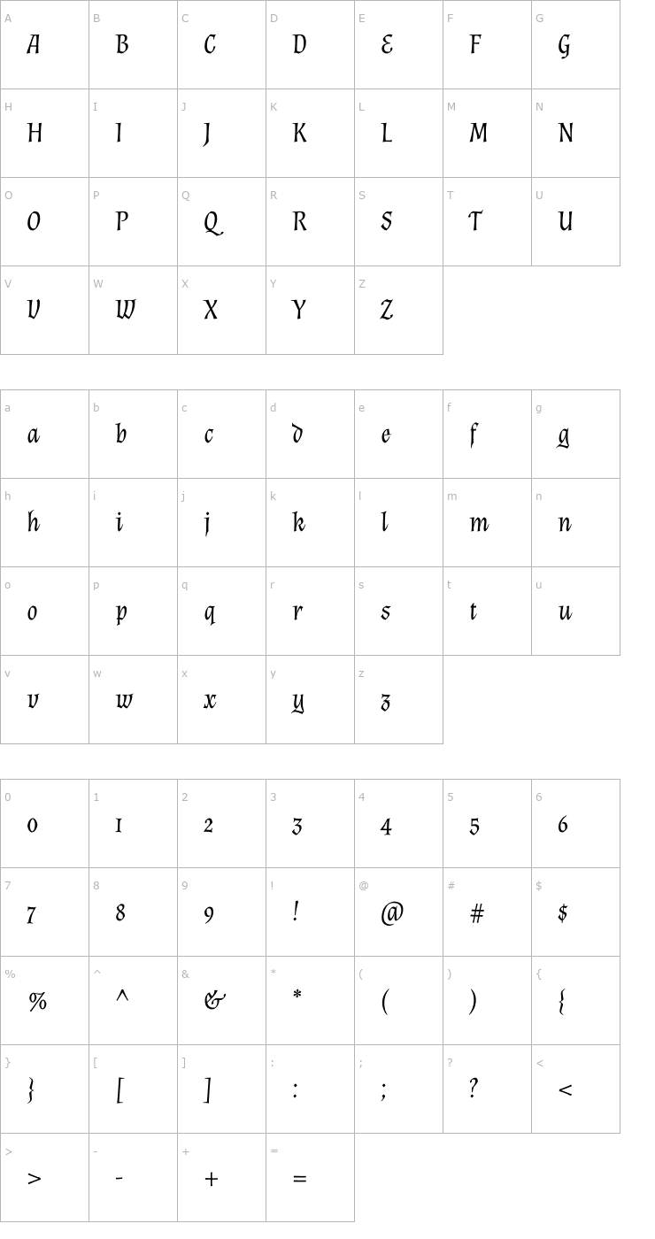 Character Map Almendra Italic Font