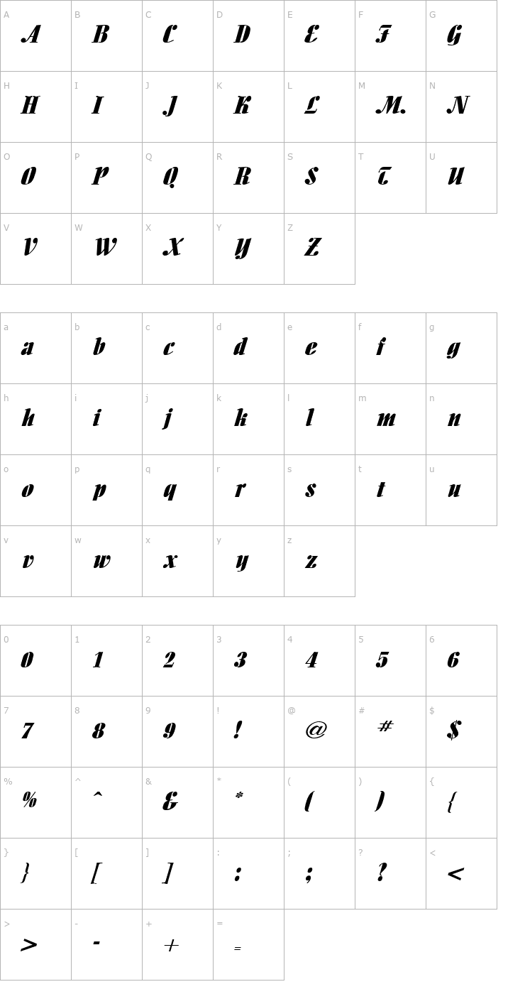 Character Map Aloe Extended Italic Font
