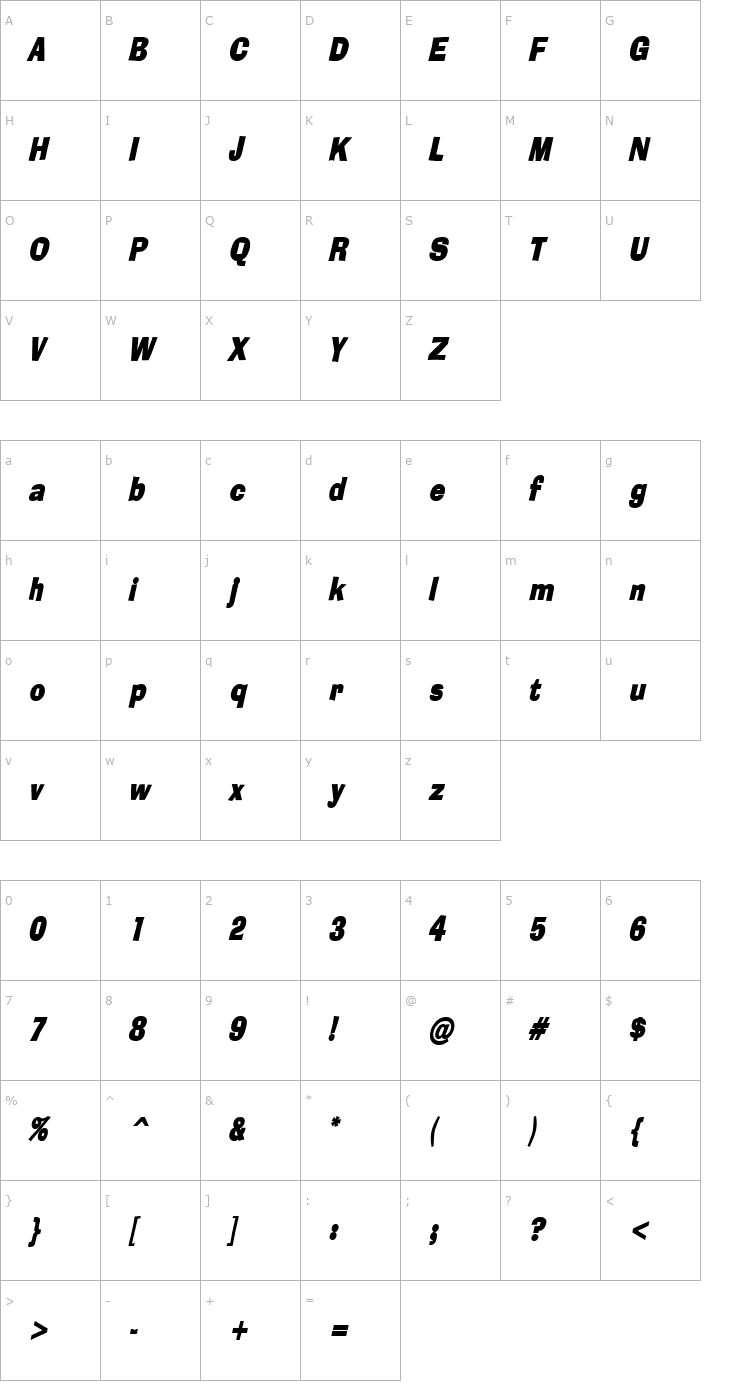 Character Map Alor Condensed BoldItalic Font