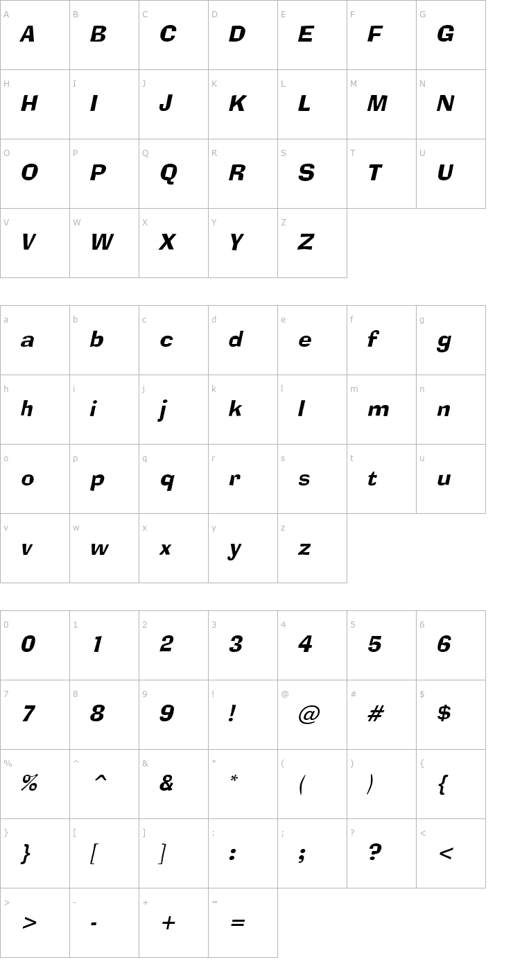 Character Map Alor Narrow Italic Font