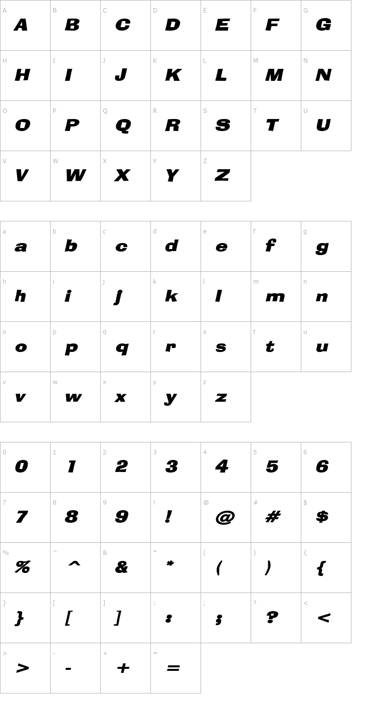 Character Map Alor Wide BoldItalic Font