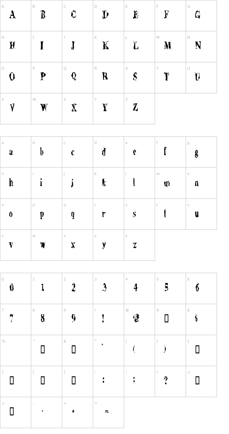 Character Map AluminumShredCondensed Font