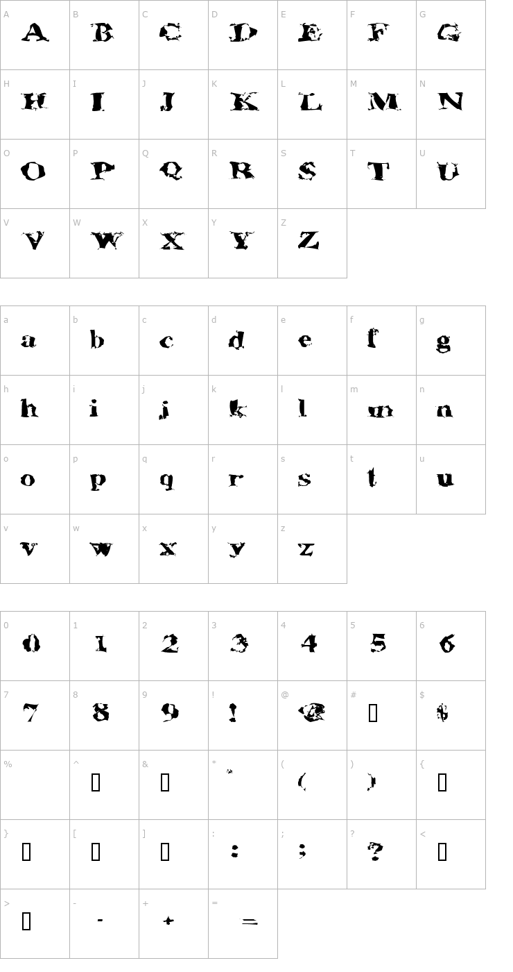 Character Map AluminumShredExtended Font