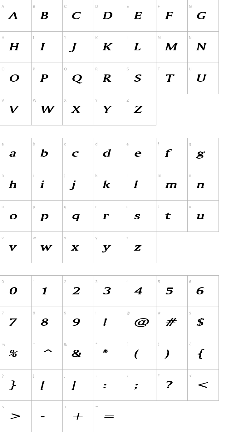 Character Map Ameretto Extended BoldItalic Font