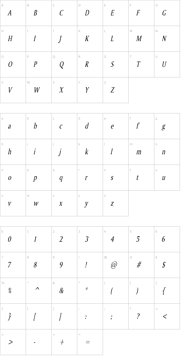 Character Map Ameretto Thin Italic Font