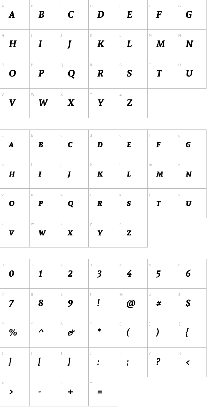 Character Map Andada SC Bold Italic Font