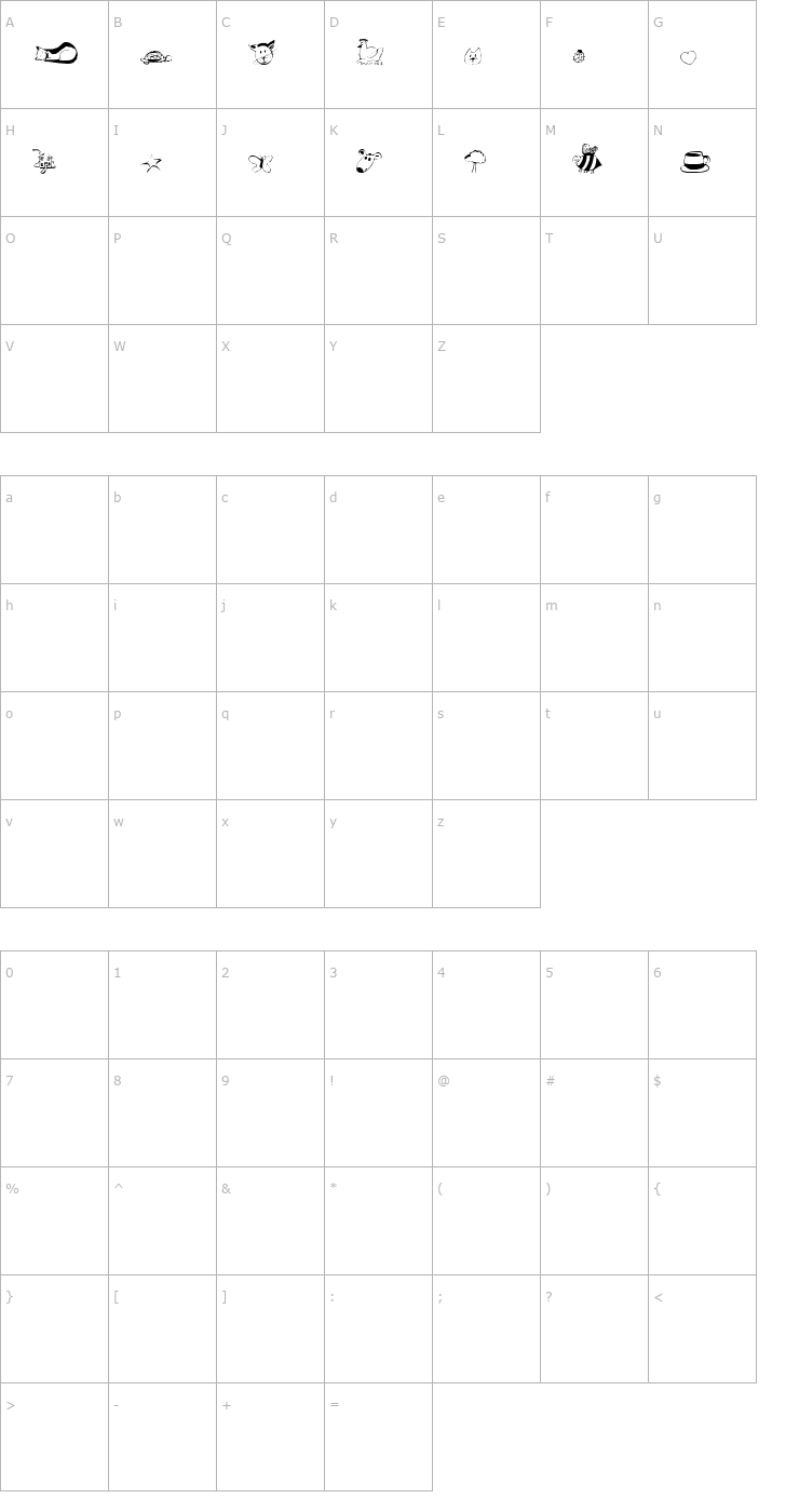 Character Map Andi's Critters Font