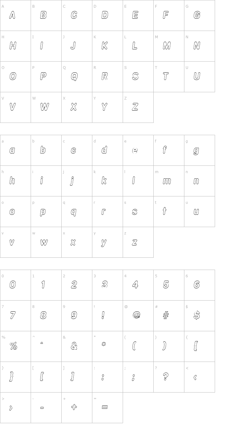 Character Map AndreasBeckerOutline-BoldItalic Font